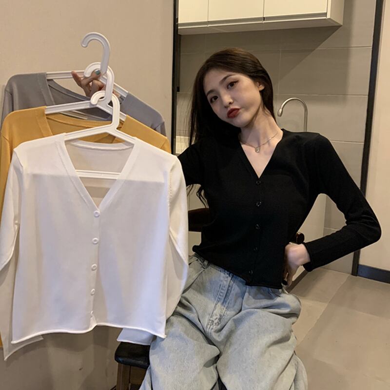 スプリングスタイルカーディガンショートトップス ルーズブラックニットセーター レディース 春物 試着室7861386939