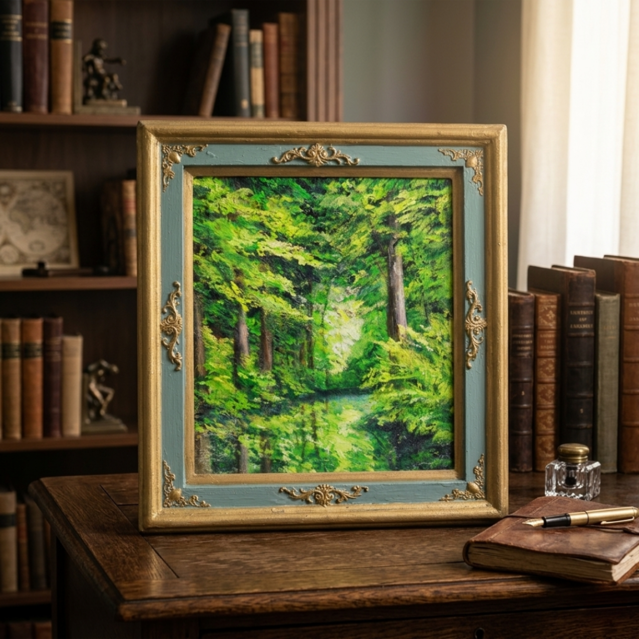 油彩画 風景画 額装済み アート インテリア 油絵【光織りなす翡翠の森】 新緑 初夏 森 風景画 絵画 額縁付き