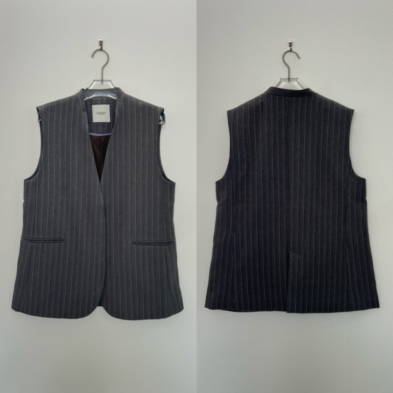 【受注予約:10月上旬入荷予定】コードベルト付ノーカラーgilet/ストライプ×グレー