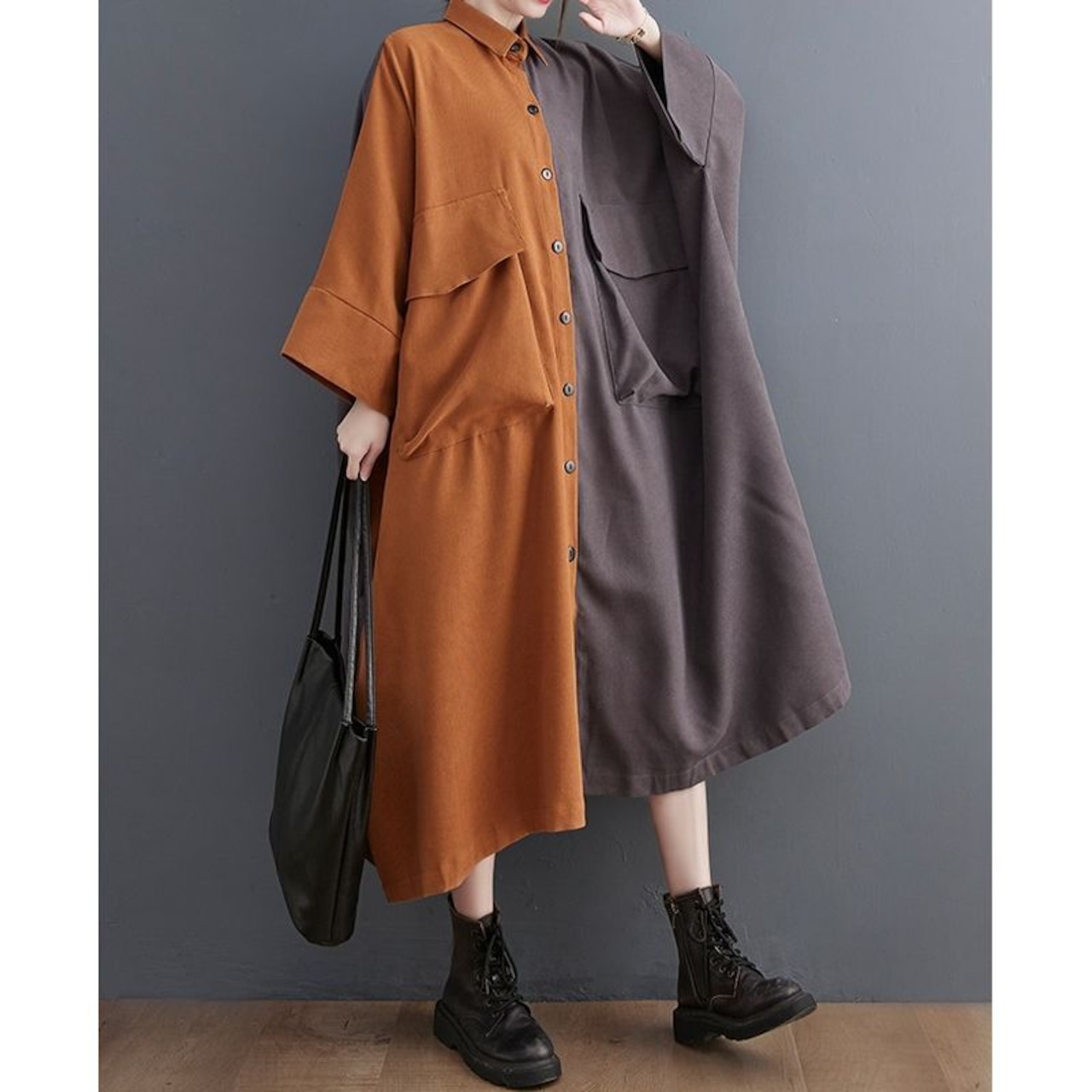バイカラー ビッグポケット シャツワンピース 00106