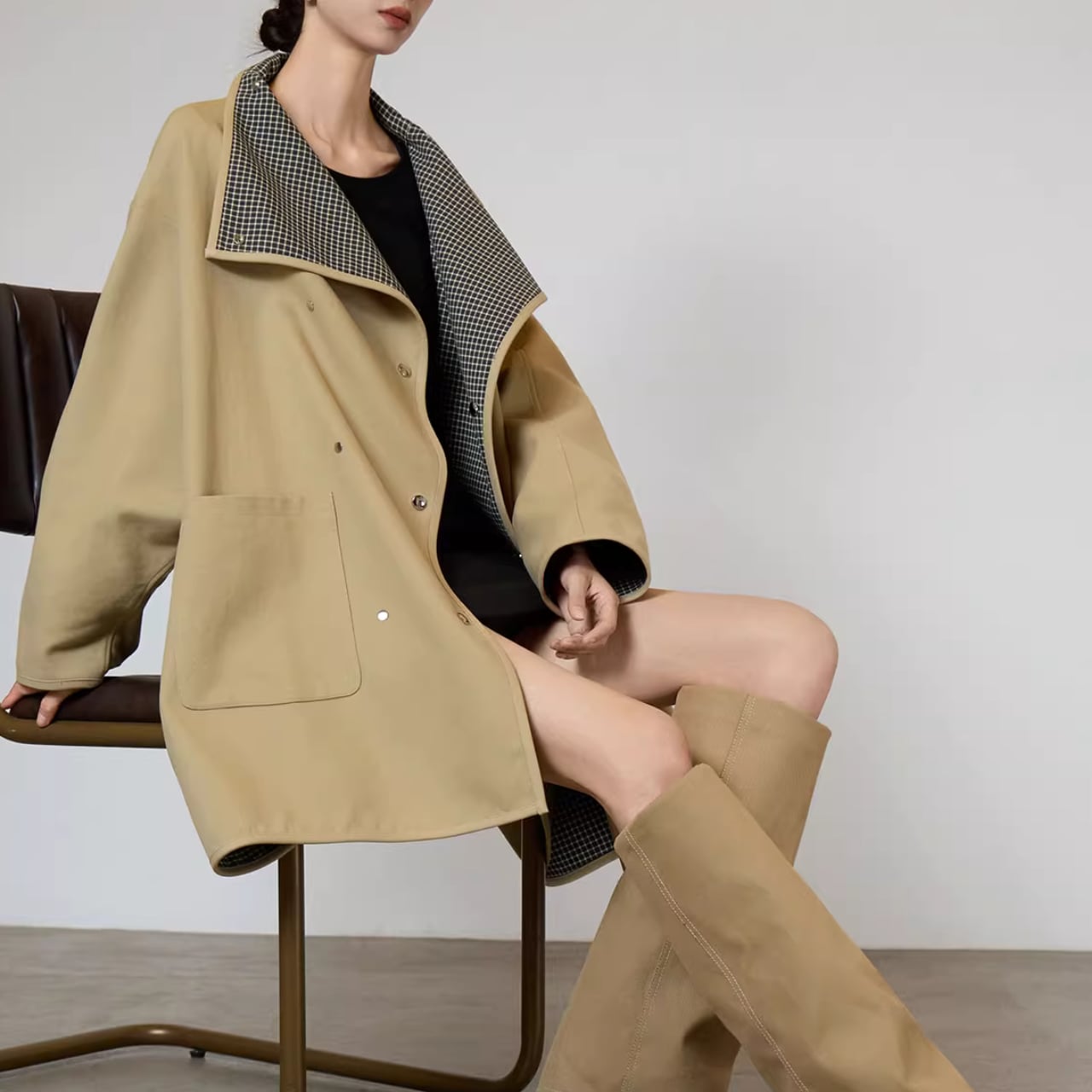 チェックライニングボリュームコート 01205