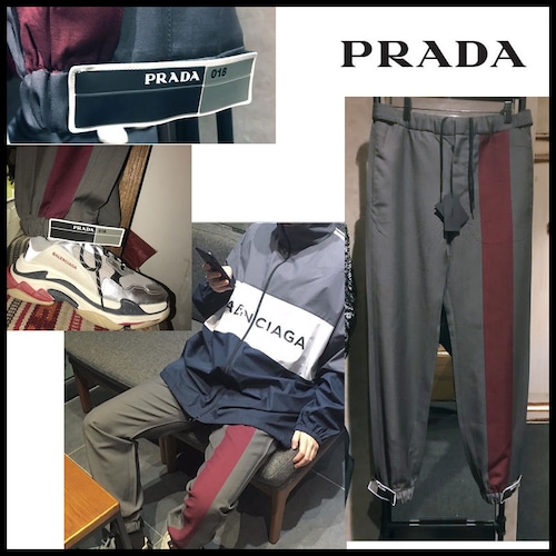 18SS★PRADA プラダ contrasting band pants ブランドロゴ 裾テープベルト デザイン パンツ ジョガーパンツ 