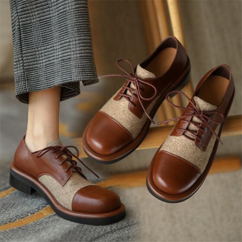 【新作】【送料無料】 レトロカラーマッチングラウンドトゥレディースハイヒールブラックブラウンクロスストラップスモールレザーシューズ秋レディースカジュアルシューズ 靴 オータム 秋物 ラウンドトー 10b344588153126