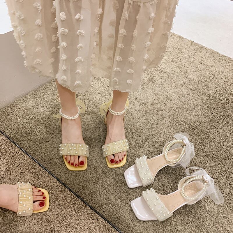 サンダルサマーレッドパールクリスタルヒール ハイヒール 靴 シューズ 夏物 真珠 フェイクシューズ40429275645