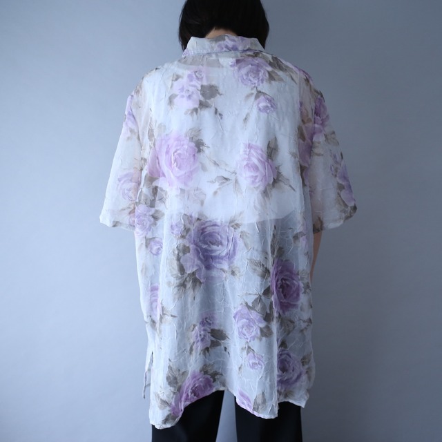 flower art pattern wrinkle fabric h/s see-through shirt