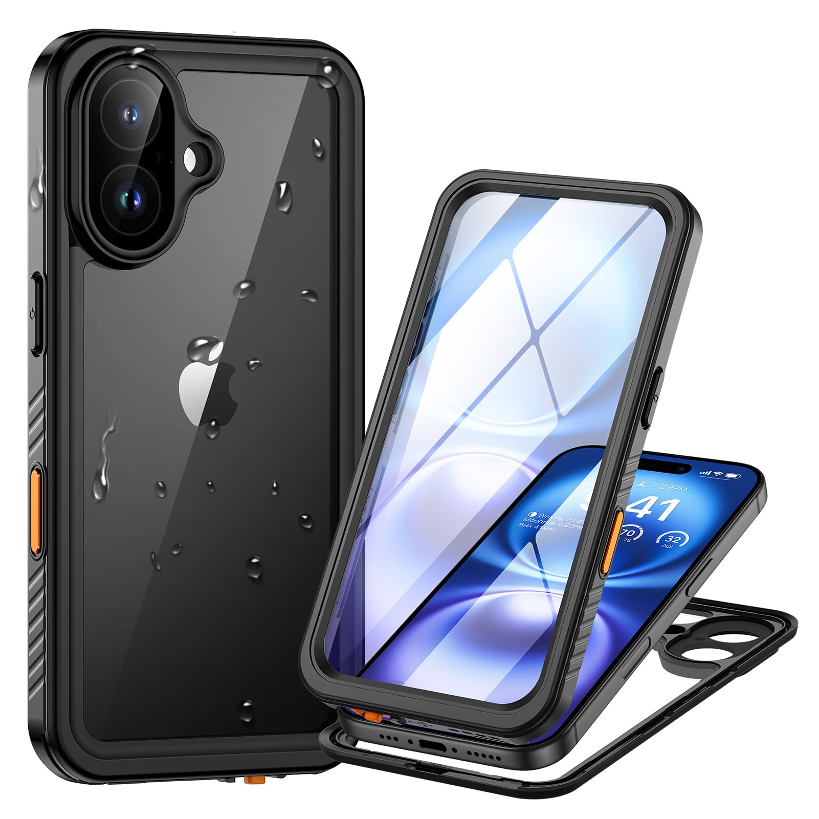 Lanhiem iPhone 16 用 ケース 防水ケース IP68米軍規格 Face ID認証/耐衝撃/滑り止め/防塵/防雪/水中撮影/QI充電/超軽量/ストラップ付き 付け外し簡単 全面保護のアイフォン 16 防水カバー ブラック