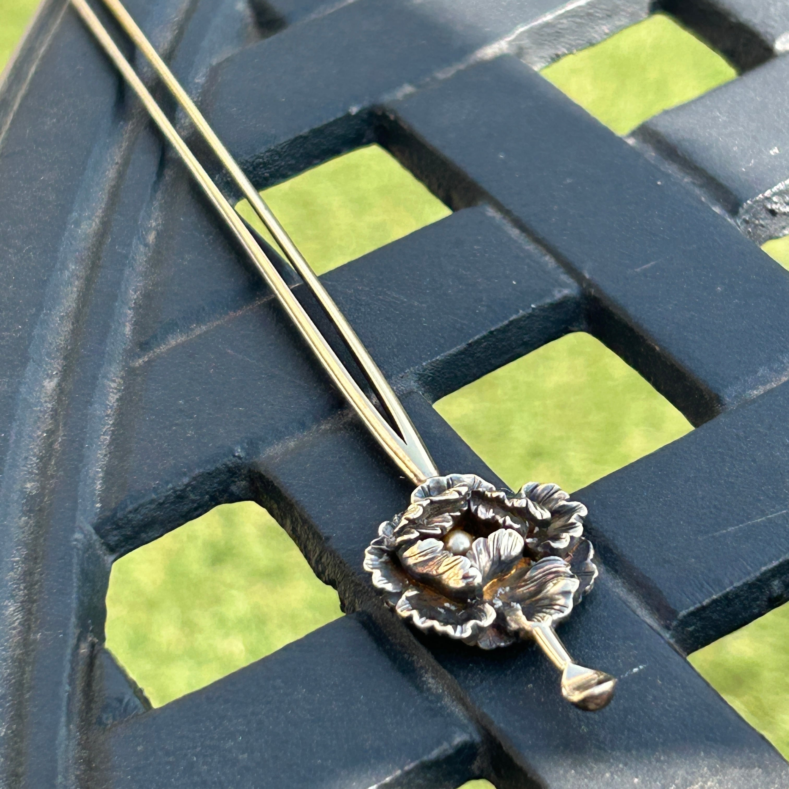 アンティーク　銀無垢　牡丹の平簪