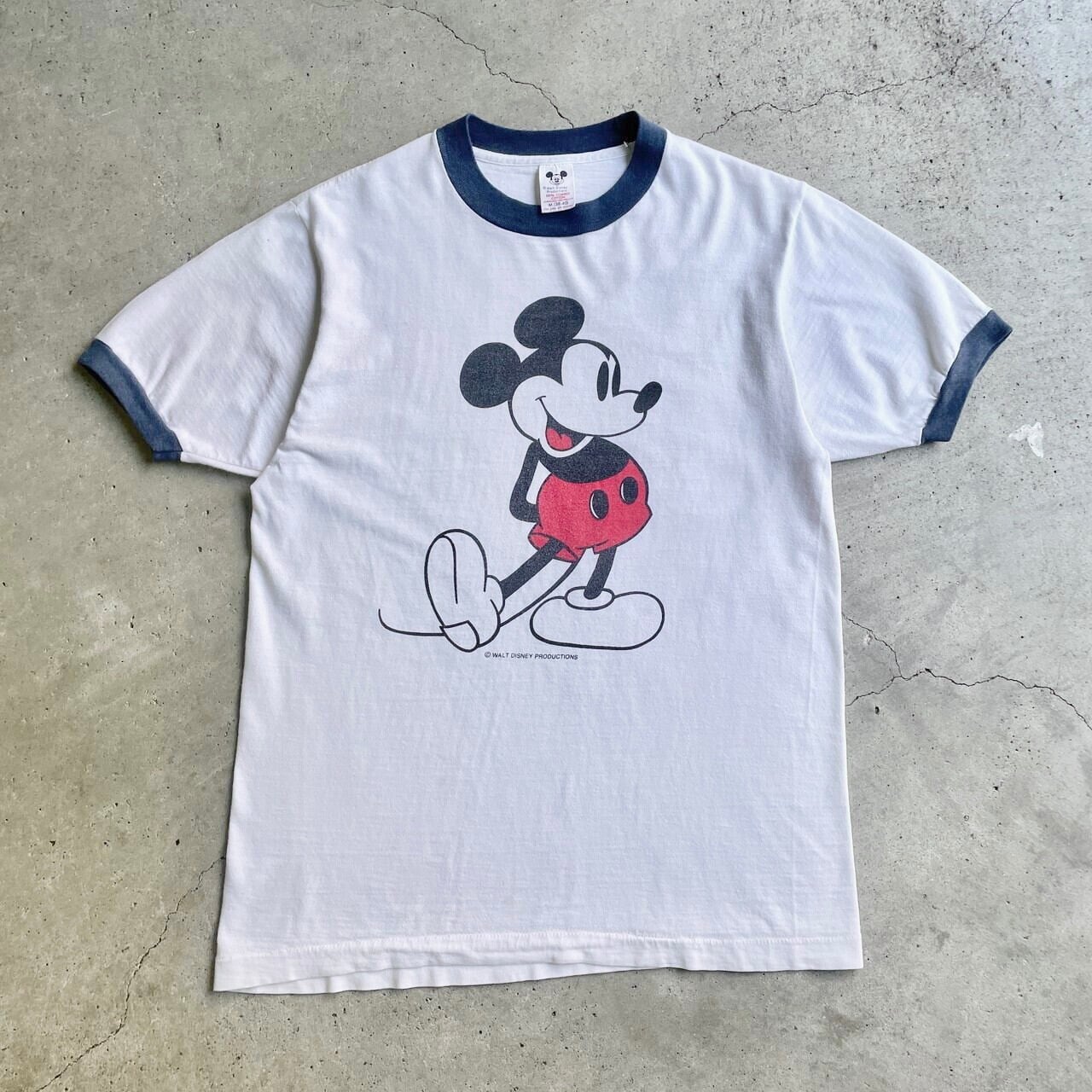 70年代 Disney ミッキーマウス 染み込みプリント リンガーTシャツ 