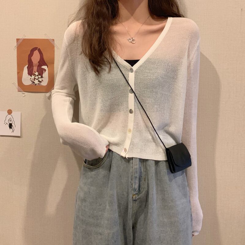 スプリングオータムルーズ薄手ソリッド カラーVネックセーター カーディガンジャケット ロング 春物 秋物 ソリッドカラー スーパーモール38274216417