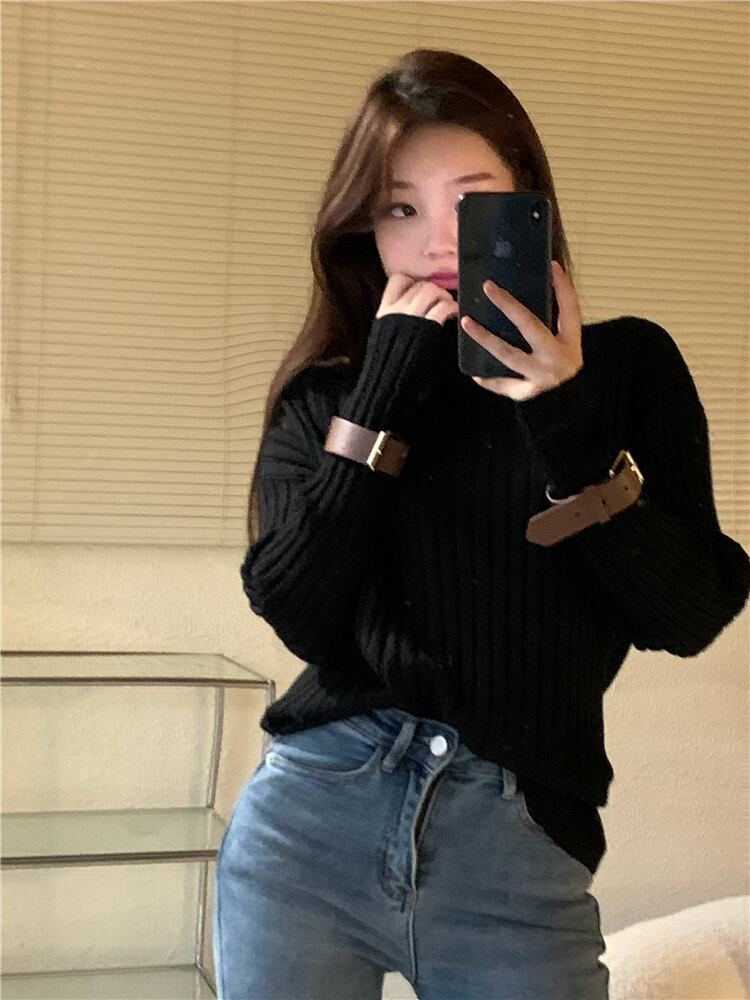 ニットセーター シャツ オータムウィンタースタイルトップス ロング 秋物 冬物 ブラックストロベリース96221964529