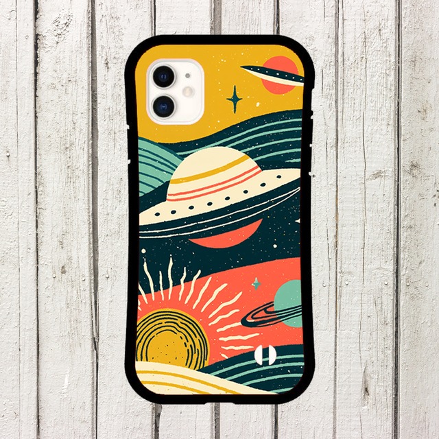 受注生産 iPhoneケース 宇宙船と夕焼け惑星のレトロ柄｜スペースエイジ RFSP068A