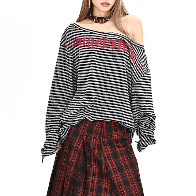 ゴシックレタリングボーダーボートネックカットソー 2col R01912