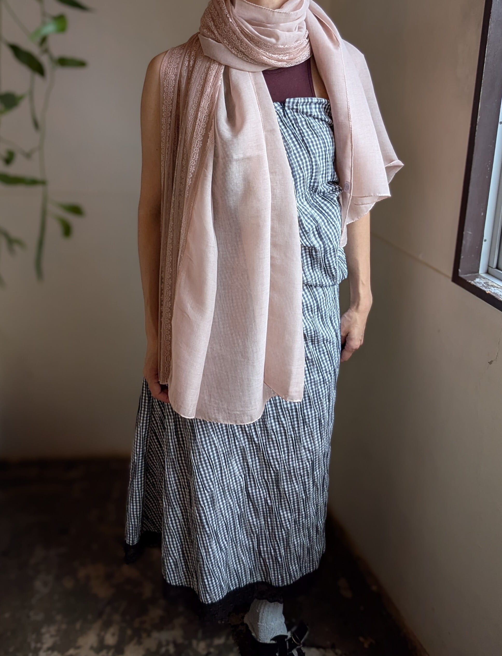 ，フランスアンティークシルクショール アンティーク風レース切り替え 大判薄型ストール / PINK | 服と雑貨ume