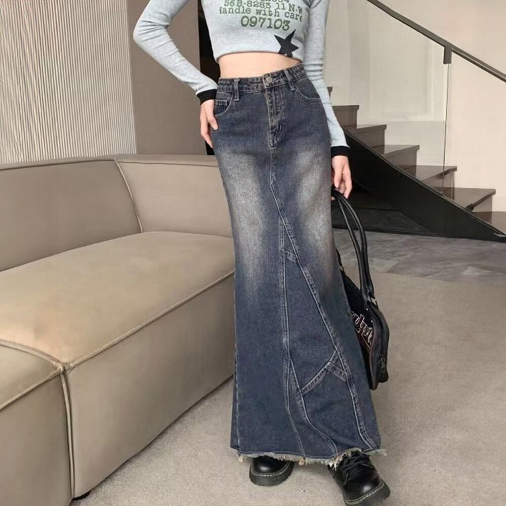 デニム スカート ロング レディース 韓国 マーメイドスカート ブリーチ加工 おしゃれ きれいめ 大人 カジュアル ハイウエスト ヴィンテージ レトロ 美ライン ロングスカート 大人可愛い 大人女子