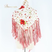 フラメンコ 衣装 シージョ トライアングル 三角形 フレコ 花柄 ハイビスカス 白 赤 フリンジ フレコ ホワイト系 レッド系 フラメンコ 衣装 ダンス衣装 コスチューム 花柄デザイン おしゃれ ハワイアンスタイル 軽量