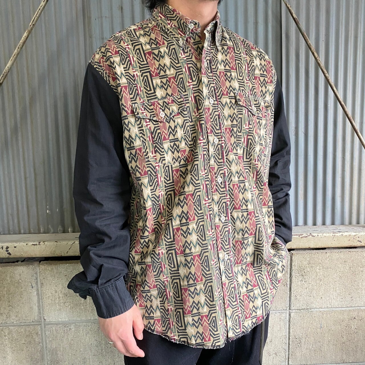 70s USA 長袖 総柄シャツ ポリシャツ サイケデリック vintage