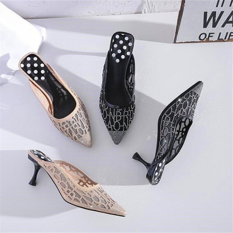 【新作】【送料無料】 メッシュガーゼポインテッドレザーハイヒールアプリコットブラックスチレットヒールサマーレディースパーティースリッパ 靴 シューズ ミュール 夏物 10b362345359281