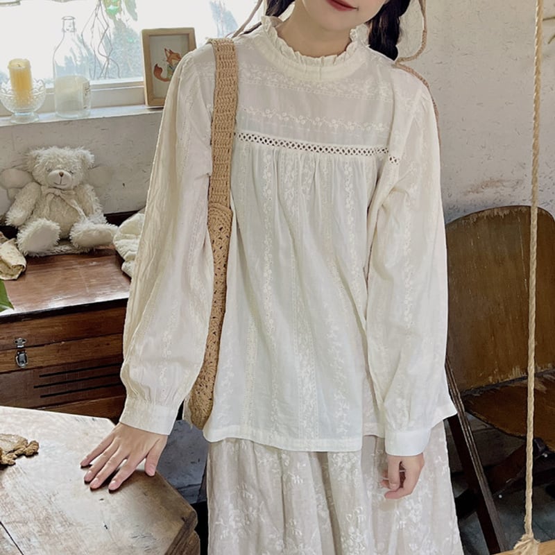 小花ステッチ刺繍長袖シャツ W0977