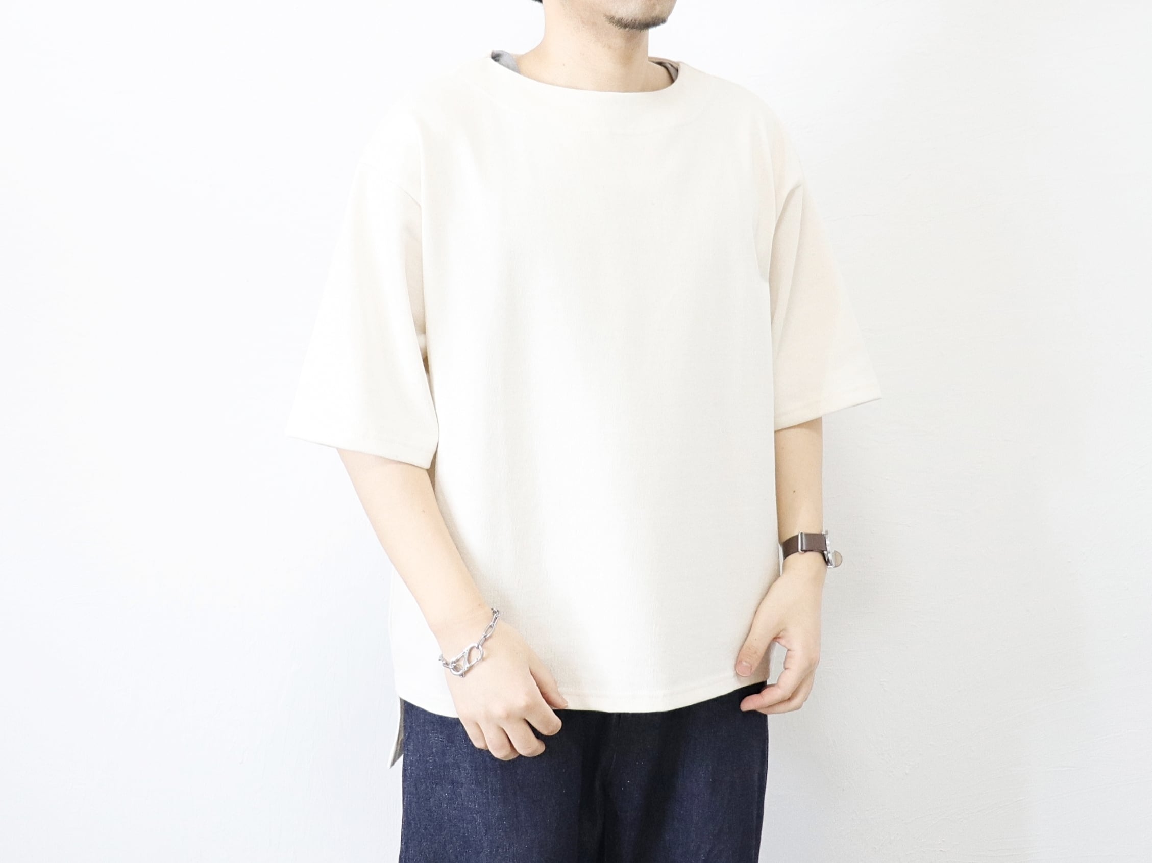 UPSCAPE AUDIENCE / BASQUE 10oz フレンチボーダー ボートネック ボクシー ハーフスリーブ Tシャツ - KINARI