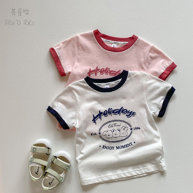 【BABY&KID】夏新作薄手ウサギ英字バイカラーTシャツ 全2色