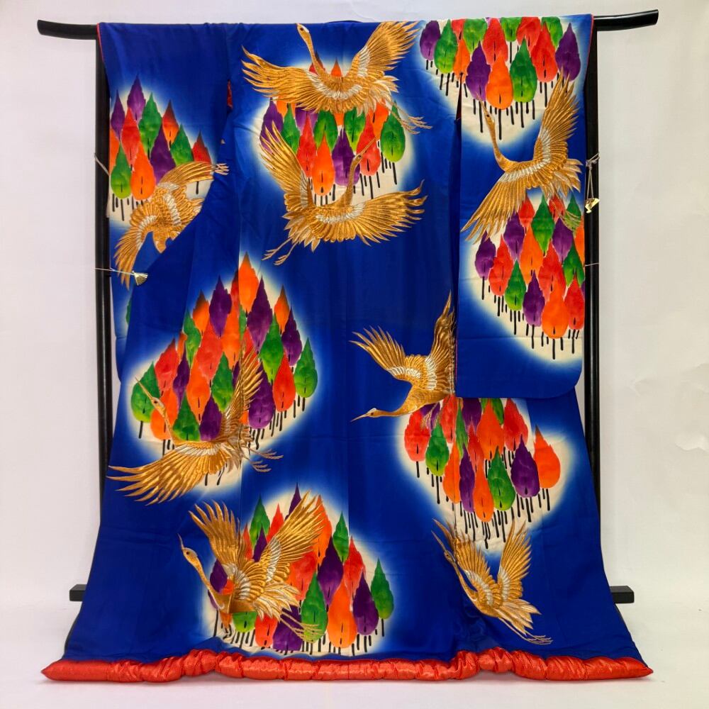 色打掛 正絹 鶴 刺繍 青 打掛 花嫁衣裳 ポリエステル リサイクル 中古 ブライダル ウエディング 着物 6642