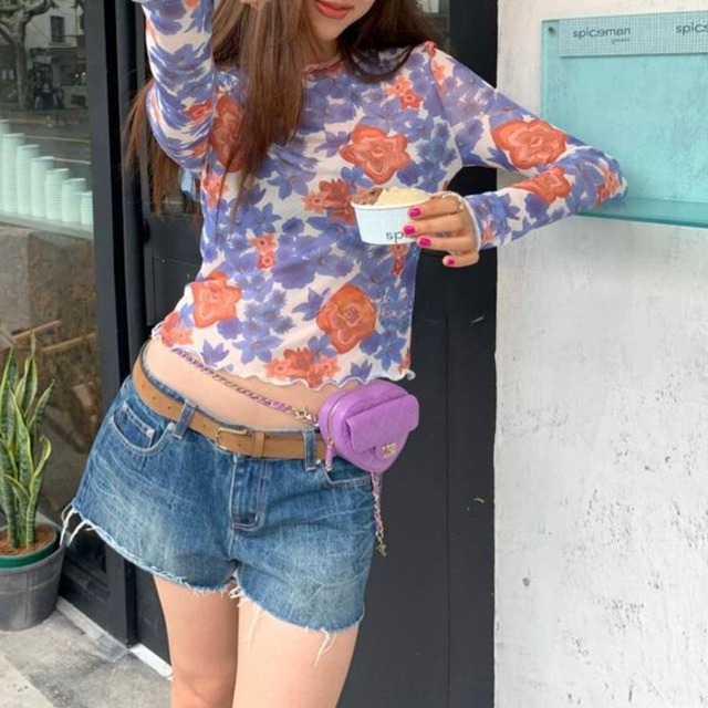 Vintage Print Slim Skinny Tops