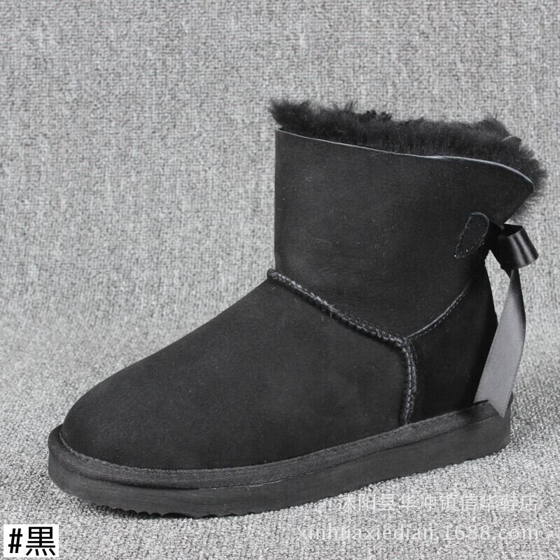 【新作】【送料無料】 シープスキンとウールのワンバックボウショートスノーブーツ配送、コットンシューズ、学生用ウォームシューズ、レディースシューズ、ブーツ-アリババ 靴 リボン 10b12066872829