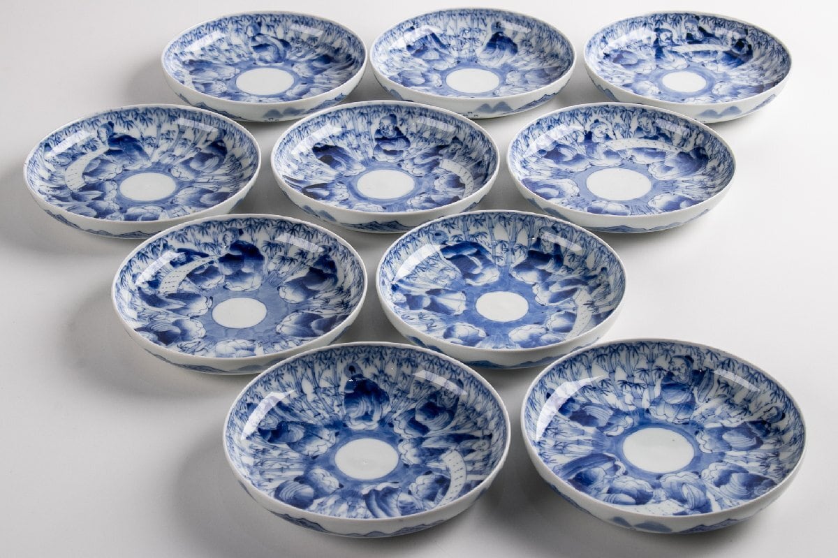 古伊万里 染付白抜き蝶文八角七寸皿 4客 江戸後期 F498B バラ売り可能