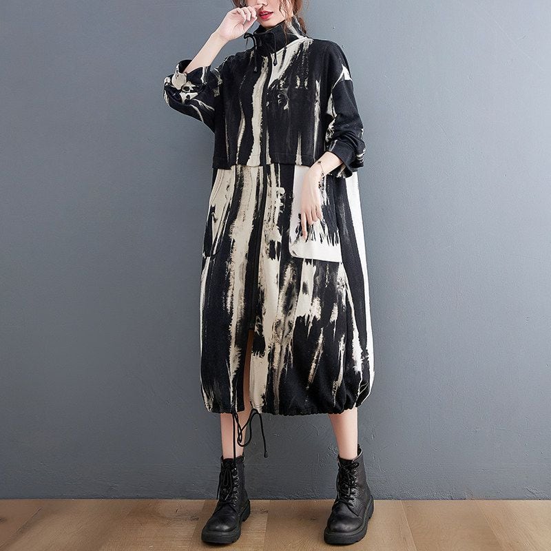 PRINT STAND COLLAR LONG RELAXED COAT DRESS M-18345