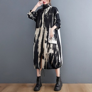 PRINT STAND COLLAR LONG RELAXED COAT DRESS M-18345