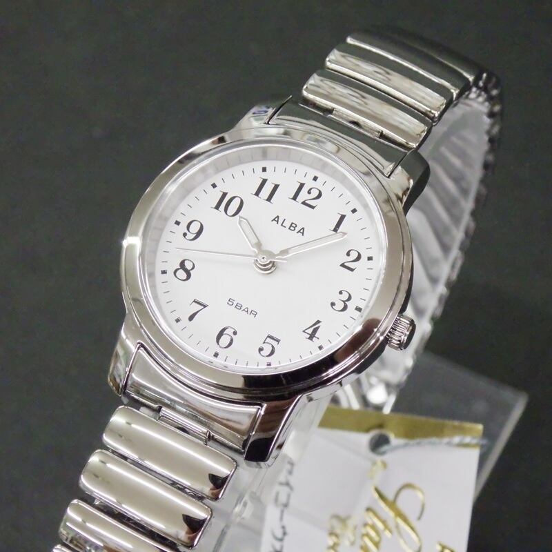 【ぐち】SEIKO セイコー ALBA タンク シルバー文字盤 SEIKO セイコー ALBA アルバ AEGK441 シルバー 伸縮 蛇腹 Sバンド 白
