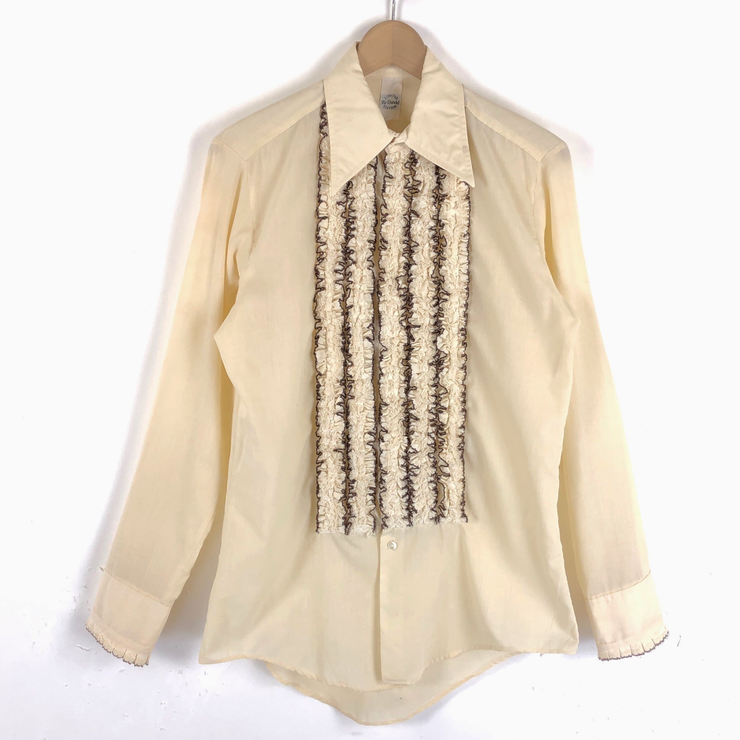 70s Mr.David ドレスシャツ フリルシャツ 長袖 イエロー系 M 古着  