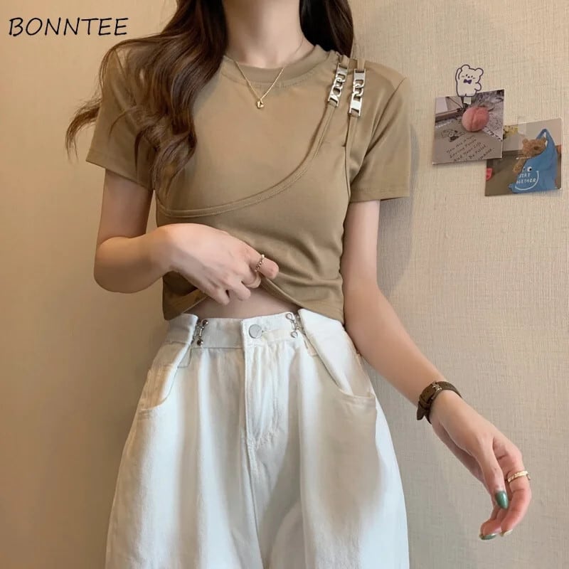 【新作】【送料無料】 偽 2 ピース半袖 Tシャツ女性チェーンストリートスリム夏クロップトップスオールマッチヴィンテージ韓国語バージョン Y2k 服新しい 0258174210429