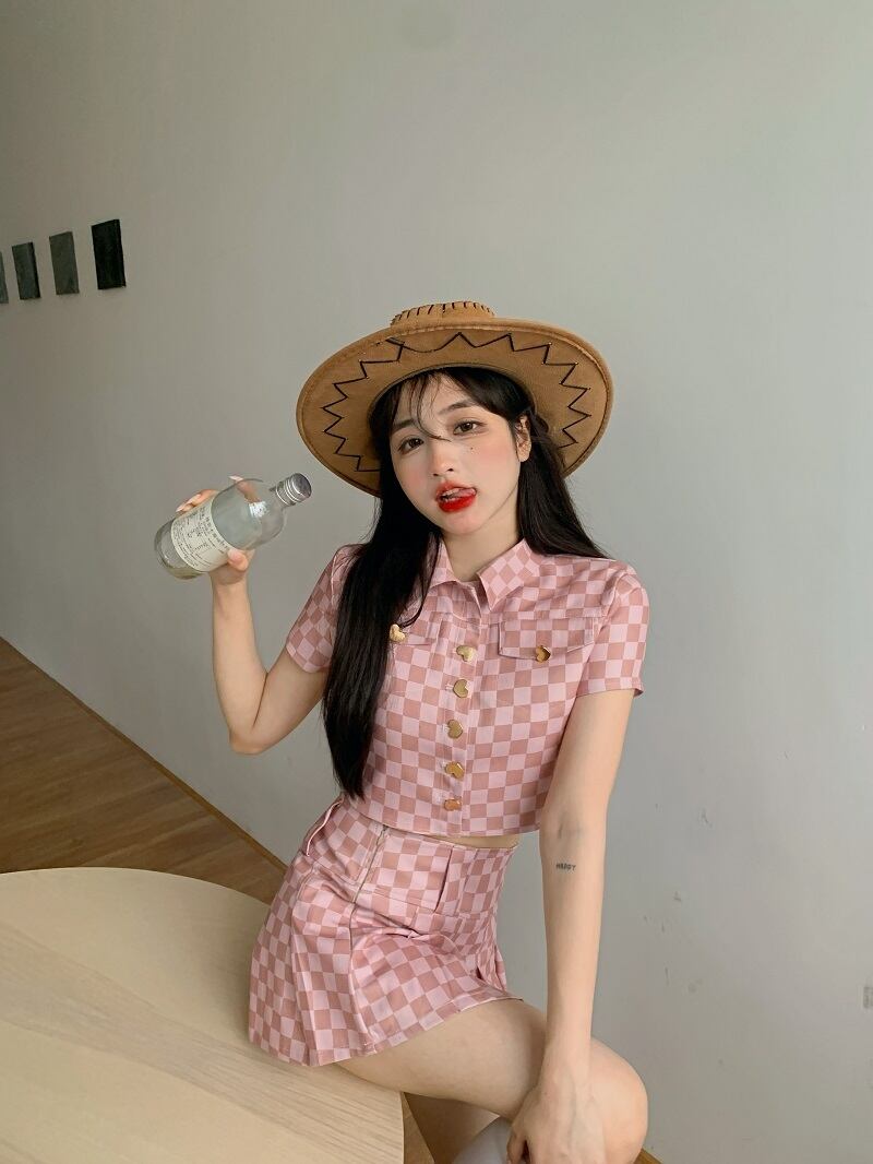 ジャケット サマー薄手格子柄ショートカジュアルカーディガン ピンク 大人ガーリー スウィート キュート 夏物 ブラックストロベリース84623643304