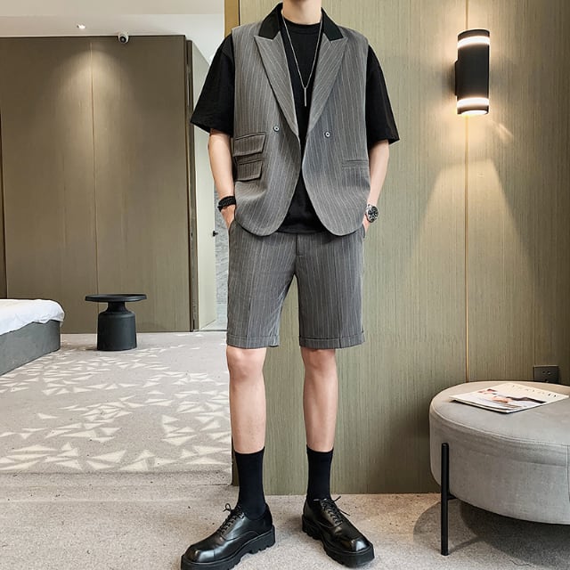 【予約販売】メンズ スーツ ストライプ柄 スリム 男前 ベスト ハーフパンツ ブラック グレー セットアップ パーティ パーティー 二次会 結婚式 M/L/XL
