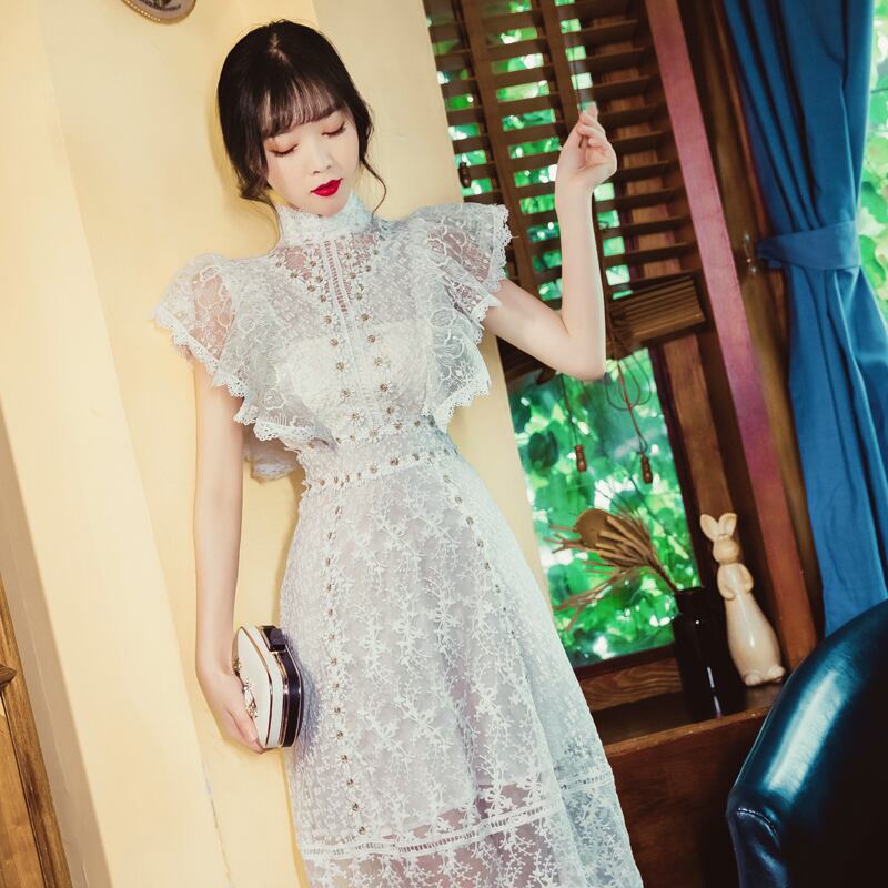 活気に満ちた少女 夏 フランス 新作 レース ワンビース ロングスカート 初恋スカート