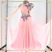 社交ダンス 衣装 エダスー edda hsu スタンダードドレス ワンピース ドレス デモ 競技 ダンス パーティ 発表会 綺麗 落ち感 レース 花 フロート ピンク系 エレガント 軽やか 優雅 フェミニン 上品 競技用