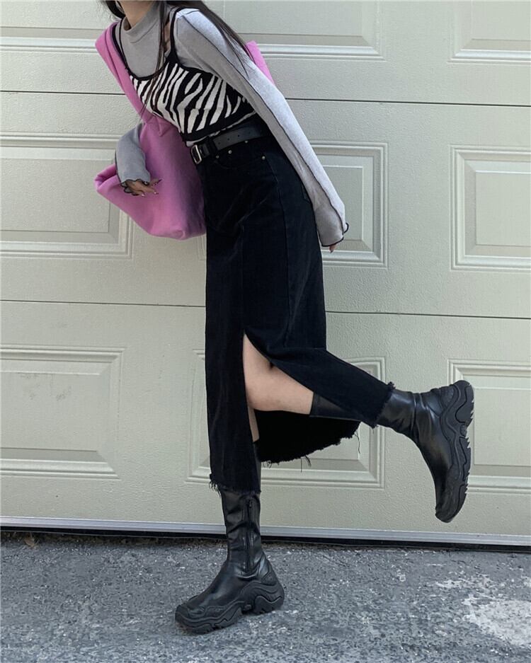 ブラックスカート スプリングオータムハイウェストウェスト薄手 春物 秋物 ブラックストロベリース43826503427