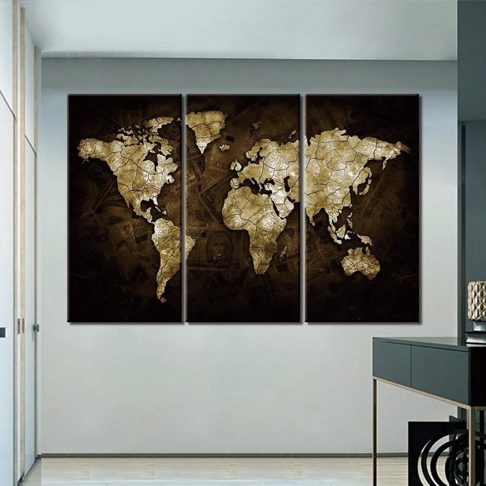 木枠付き 3枚組 壁掛け キャンバス アートパネル 世界地図 World Map ...