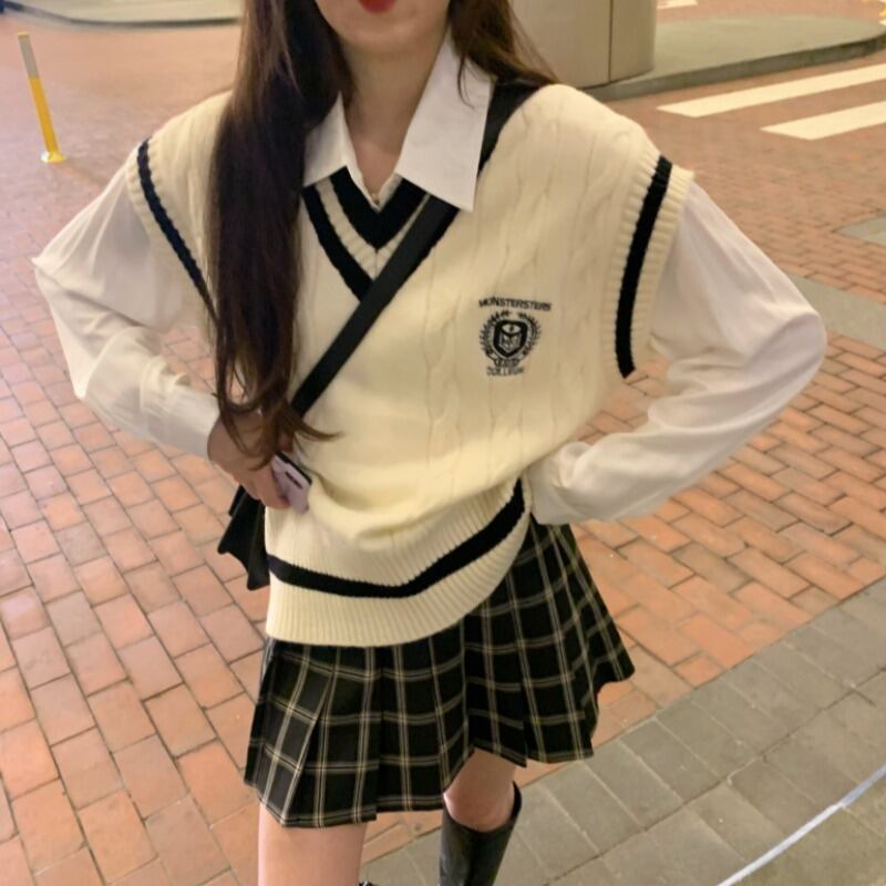 スタイルホワイトシャツ ニットプリーツスカート オータムウィンター レッド 秋物 冬物 YY-ファッション96063008294