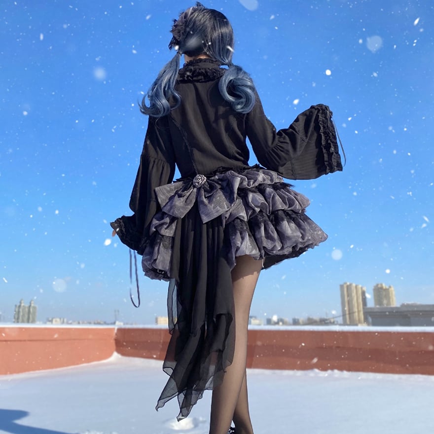 ゴスロリブラウス シャツ 黒シャツ 長袖 スタンドカラー 姫袖 ダーク