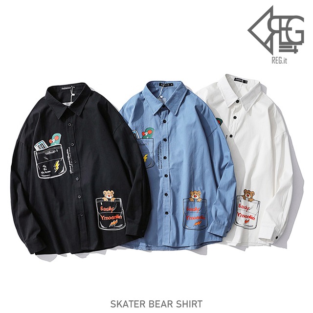 【REGIT】【即納】SKATER BEAR SHIRT 韓国ファッション ユニセックス オーバーサイズ ストリート系 トップス シャツ 個性的 プチプラ 着回し 着映え ネット通販 TPB019