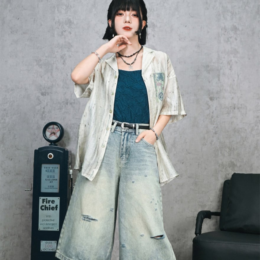 中華ゴシック チャイナ服 中華服 古怪舎 シャツ 半袖 パッチワーク 刺繍 シアー 透け感 グラデーション 中華系ファッション 30代ファッション 夏服