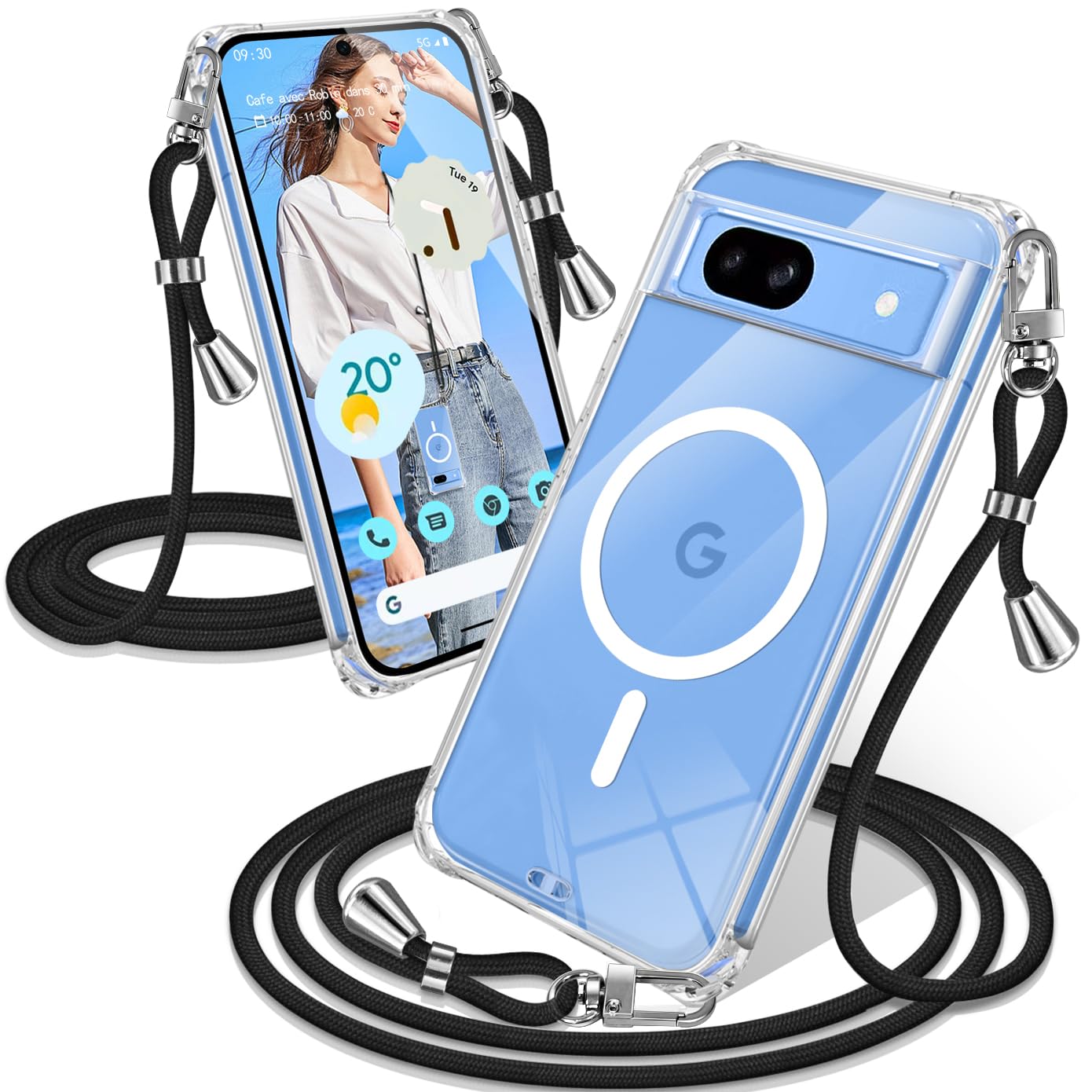 Google Pixel 8a ケース クリア ショルダー MagSafe対応 耐衝撃 (ブラック)
