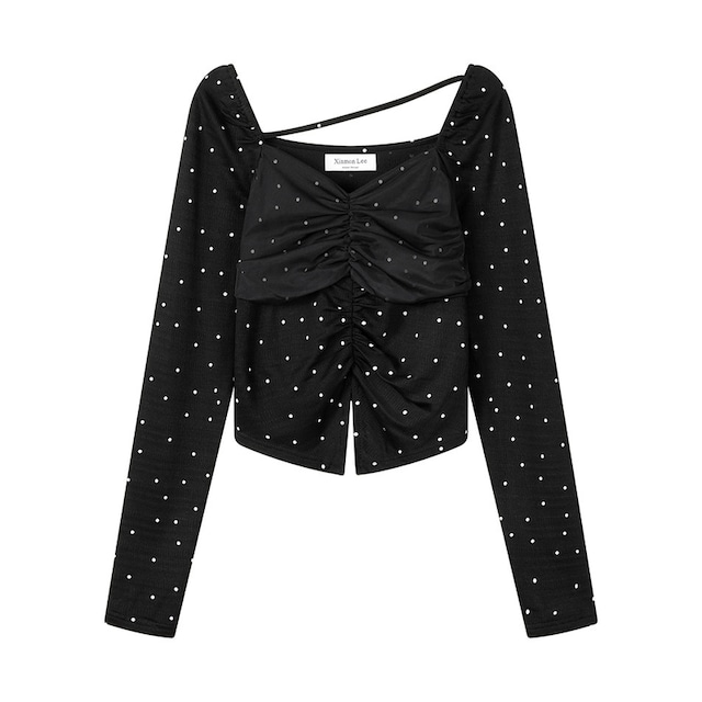 polka dot gathered square neck long sleeve top m1592