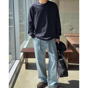 シンプルベーシック細ボーダーロングTシャツ　1324