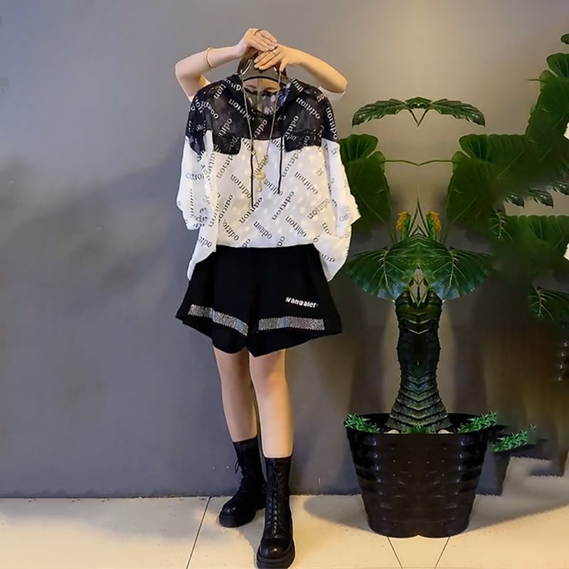 メッシュカラールーズトップス ハイウェストウェストショーツ 大きめサイズ ブルマー ミックスインファッション38847923765