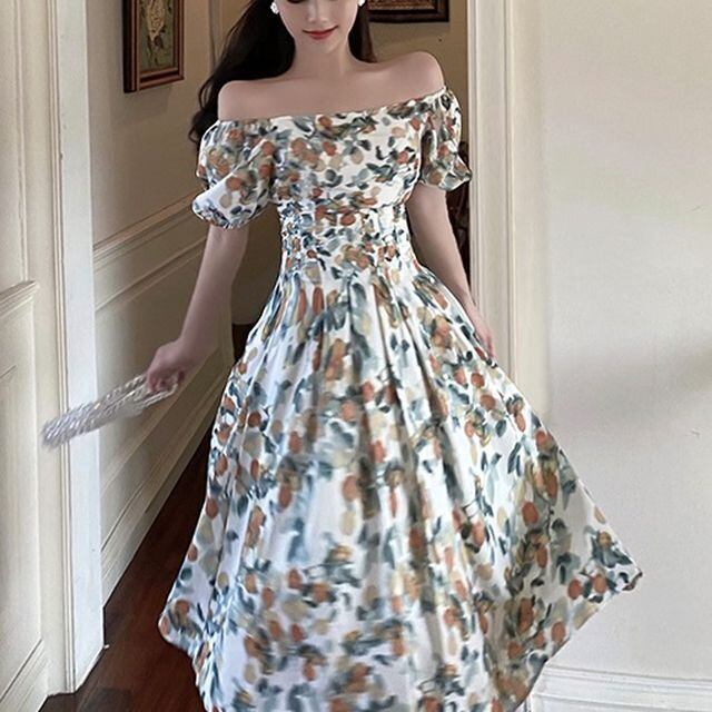 オフショルダー花柄ワンピース ワンピース オフショル 花柄 パフスリーブ 袖コンシャス ひざ丈 フェミニン ガーリー 大人ガーリー 大人カジュアル カジュアル 夏 春 Op 0875 Y Hapi Hapi Girl ハピ ガル