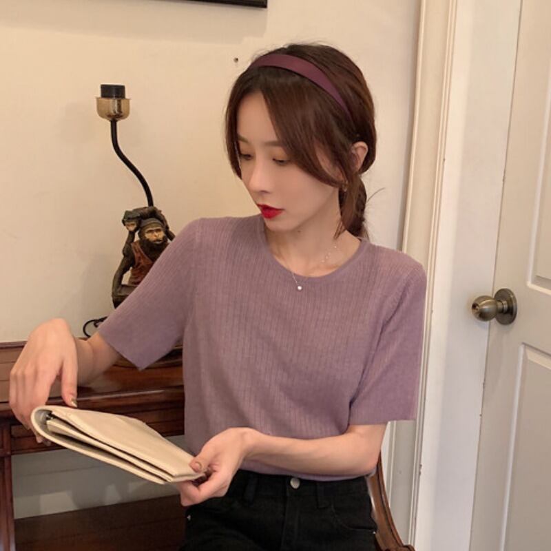 パープルトップレディースサマードレス2020新しいスリムスリミングニットボトミングシャツ半袖Tシャツネットレッドインタイドコンピオネート 1号婦人13116692964