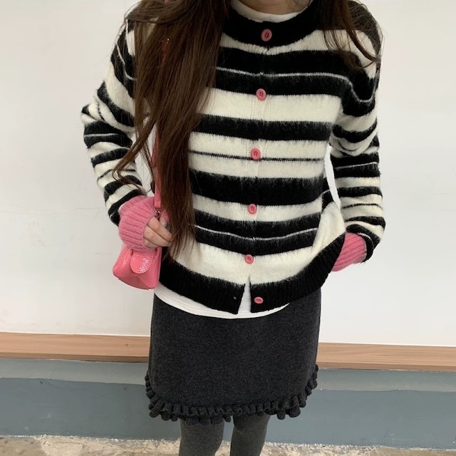 Pink cuff border knit cardigan　B703